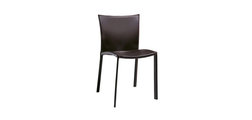 a chair made of a wooden base completely upholstered in brown leather on a white background