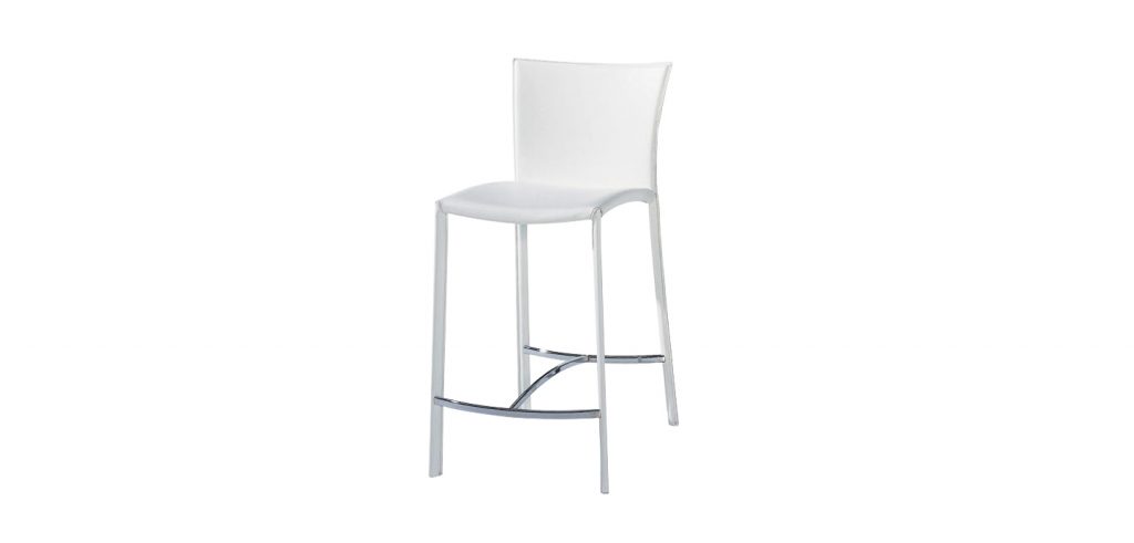 high bar stool made of steel legs and upholstered in white leather on a white background