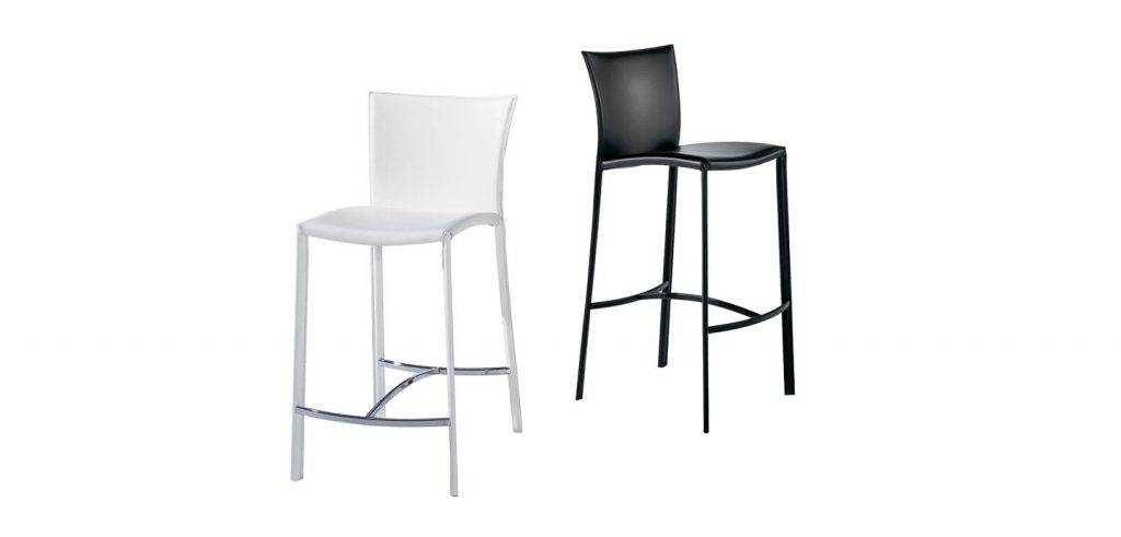 two bar stools made with steel legs and upholstered in white and gray leather on a white background