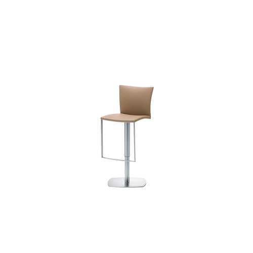 bar stool made of chrome on its base and upholstered in beige leather on a white background