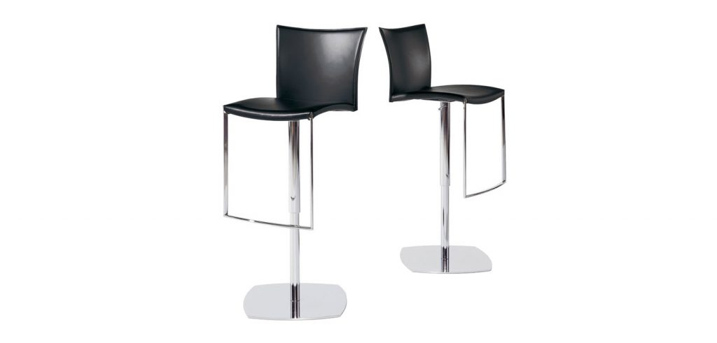 two bar stools made of chrome on its base and upholstered in black leather on a white background