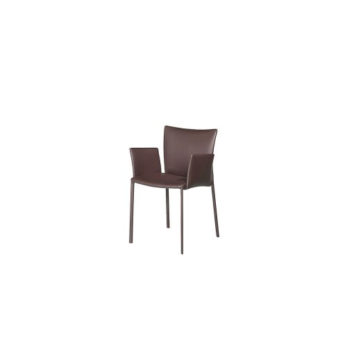 chair with armrests made on wooden legs upholstered in leather of a brown color tone on a white background