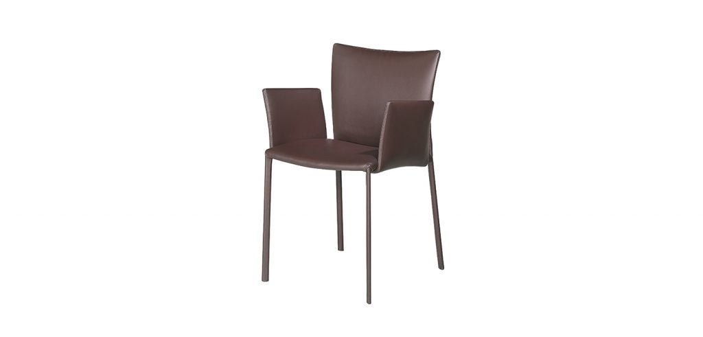 chair with armrests made on wooden legs upholstered in leather of a brown color tone on a white background