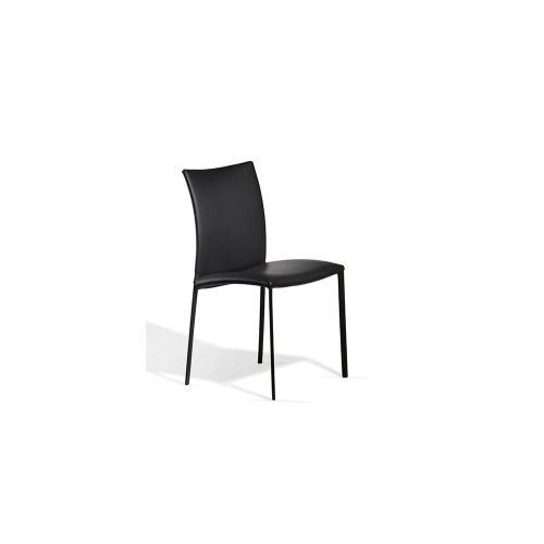 chair made of four steel legs and upholstered in black leather on a white background