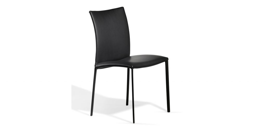 chair made of four steel legs and upholstered in black leather on a white background