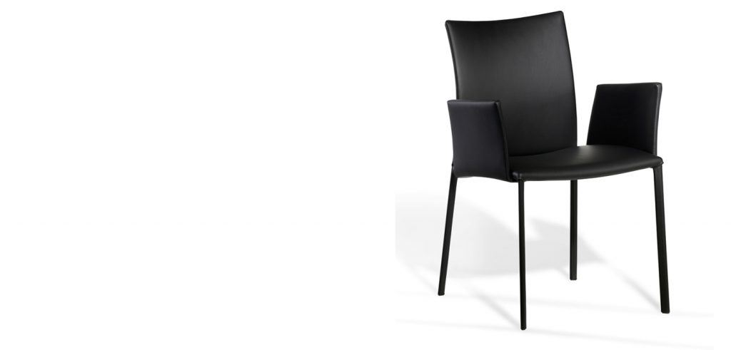 chair with armrests made of four steel legs and upholstered in black leather on a white background