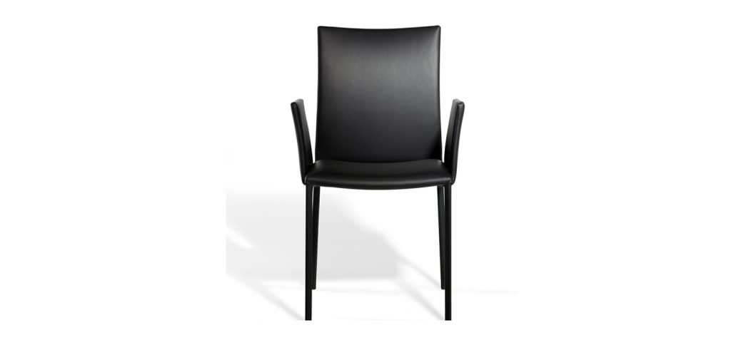 chair with armrests made of four steel legs and upholstered in black leather on a white background