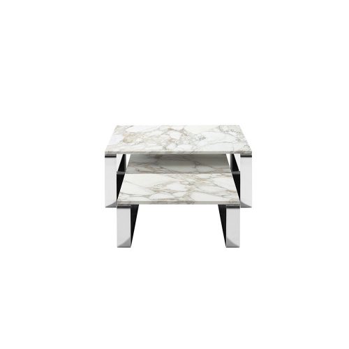 set of three tables made of natural stone base and steel skates in a white color tone on a white background