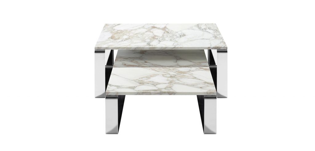 set of three tables made of natural stone base and steel skates in a white color tone on a white background