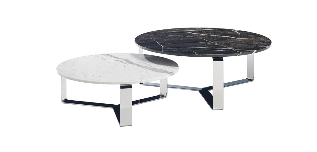 two round tables made of round natural stone resting on a steel base in black and white tones on a white background