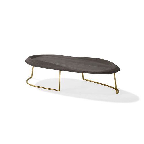 table made in surfboard design with brown wooden base and gold aluminum base