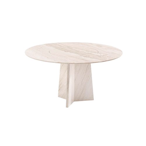 Round dining table with cone-shaped rotating inner plate in a cream color tone on a white background