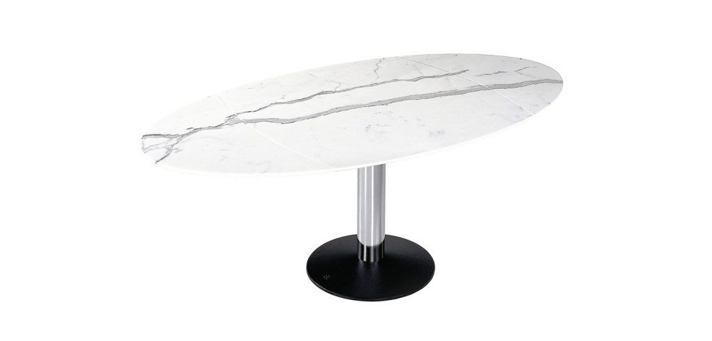 small extendable dining table made of white marble on a black steel base