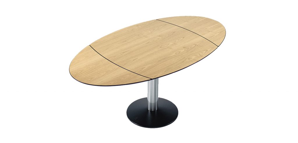 extendable dining table made of ligth brown wood on black steel base on a white background