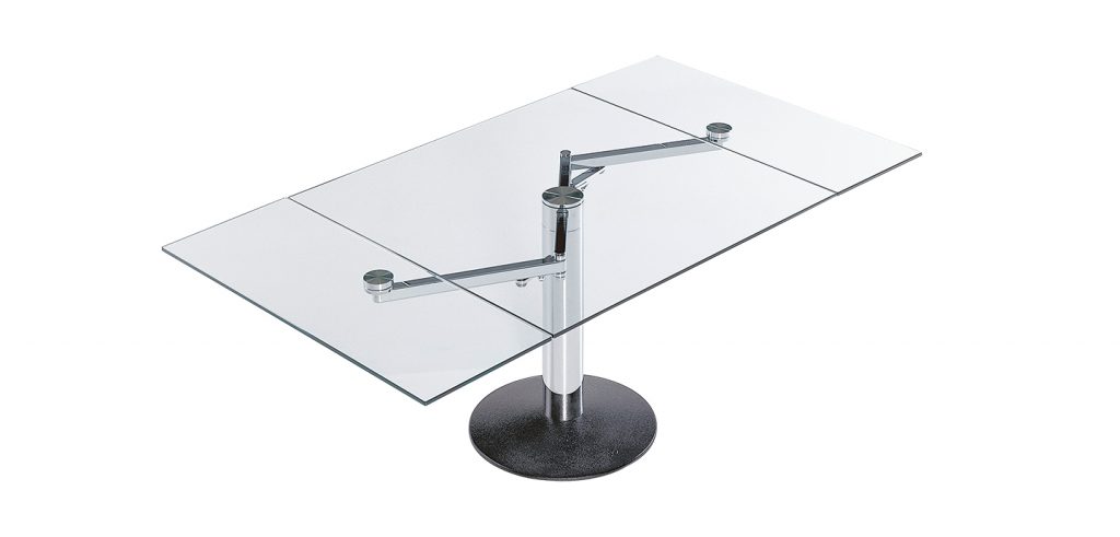 extendable dining table made of blue glass on black steel base on a white background