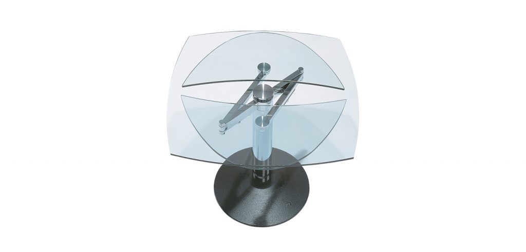 extendable dining table made of blue glass on black steel base on a white background