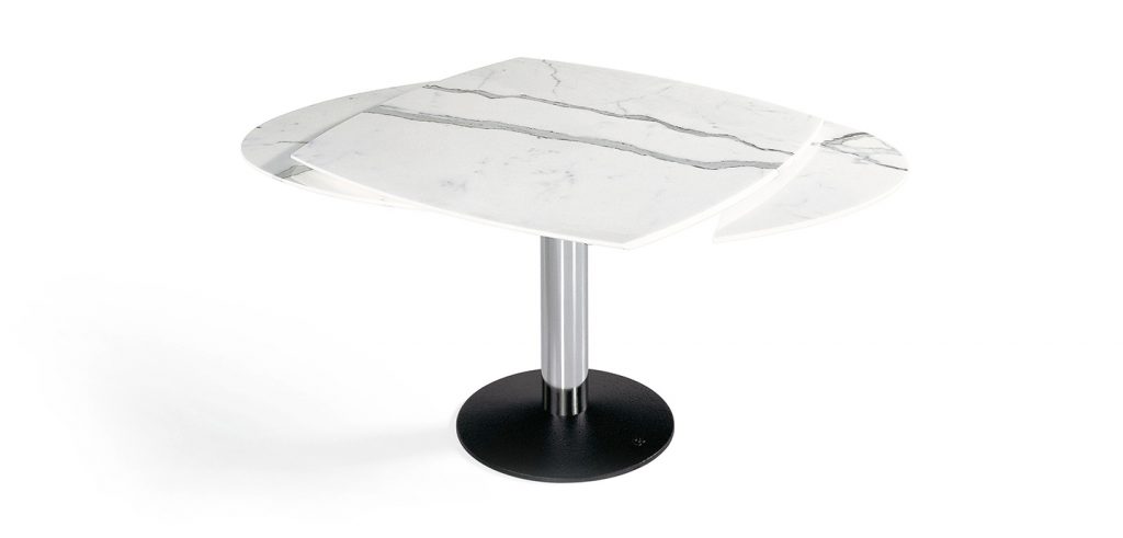 small square dining table made of white marble on a black steel base