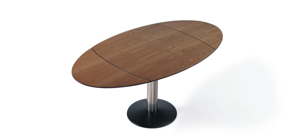 extendable dining table made of brown wood on black steel base on a white background