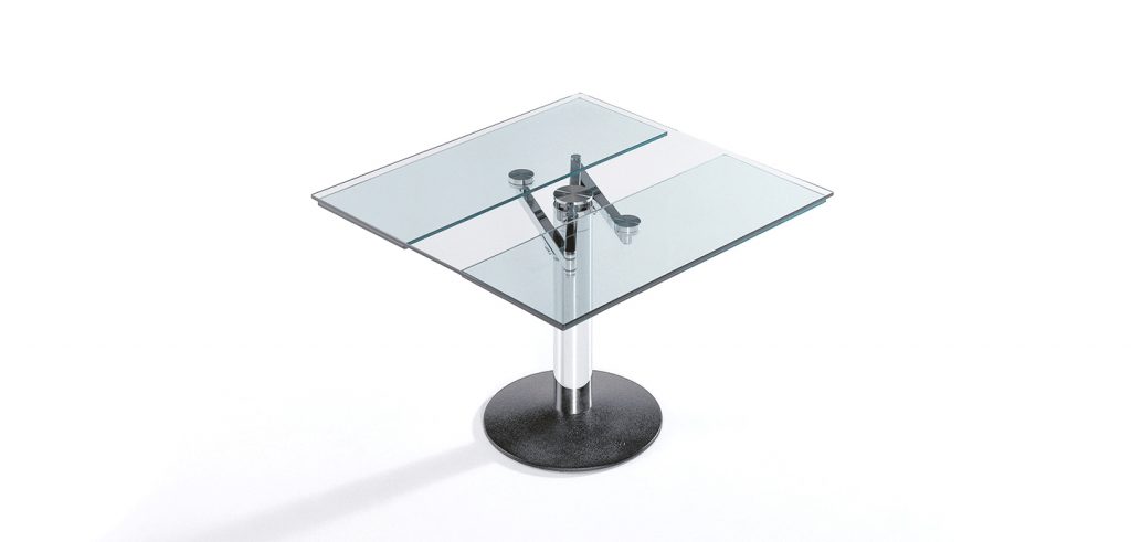 extendable dining table made of black glass with two leaves on a transparent steel base on a white background