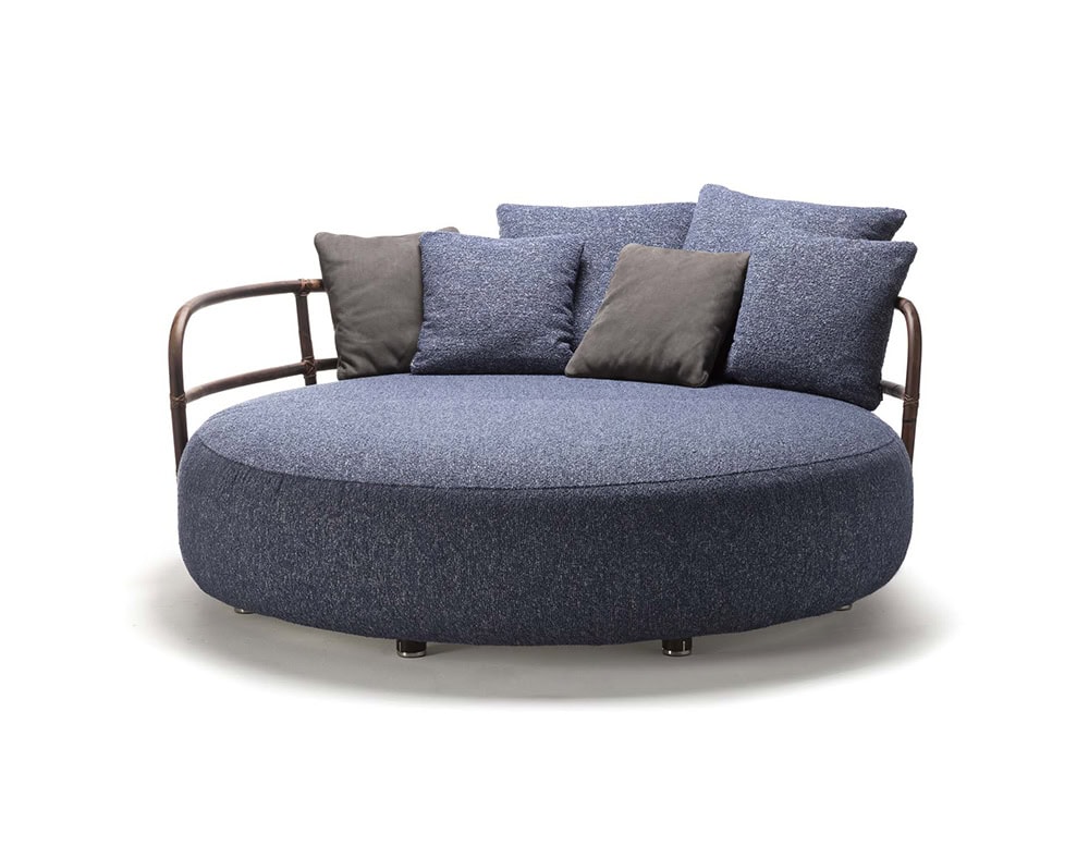 Jungle Daybed upholstered in gray fabric and brown wooden structure on a white background.