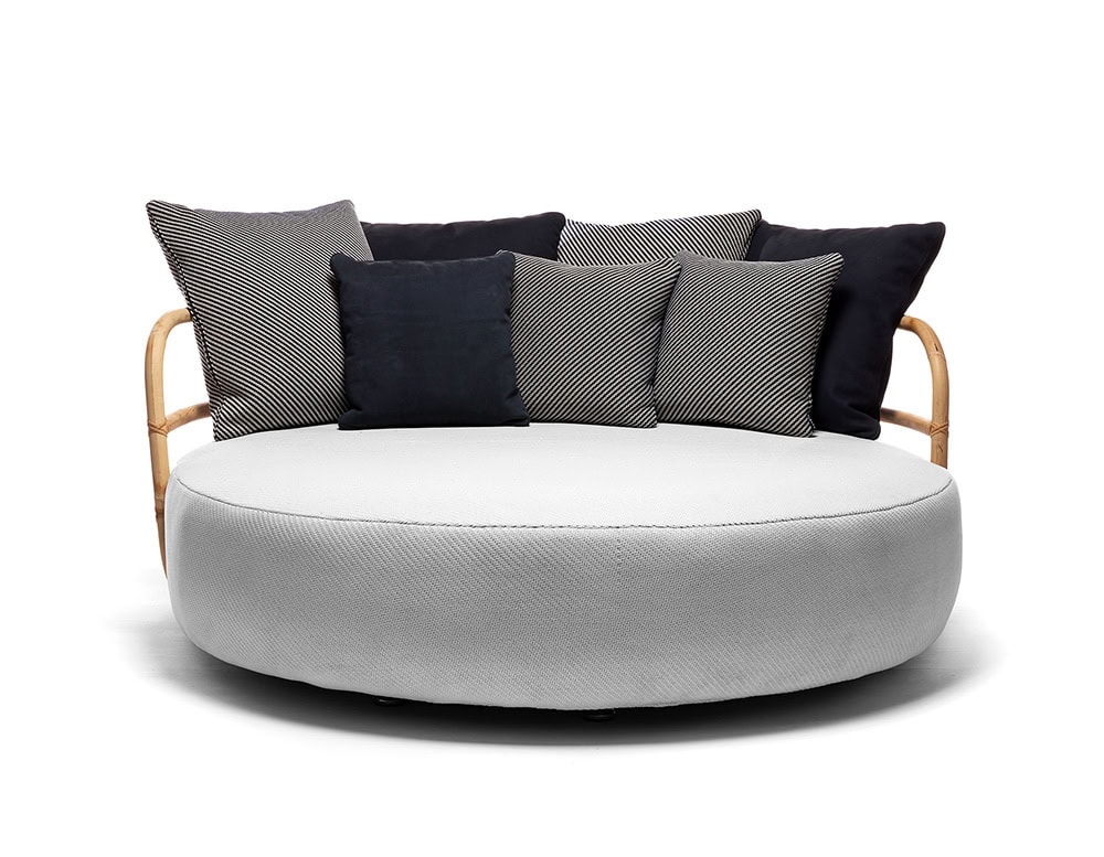 Jungle Daybed upholstered in gray fabric and brown wooden structure on a white background.