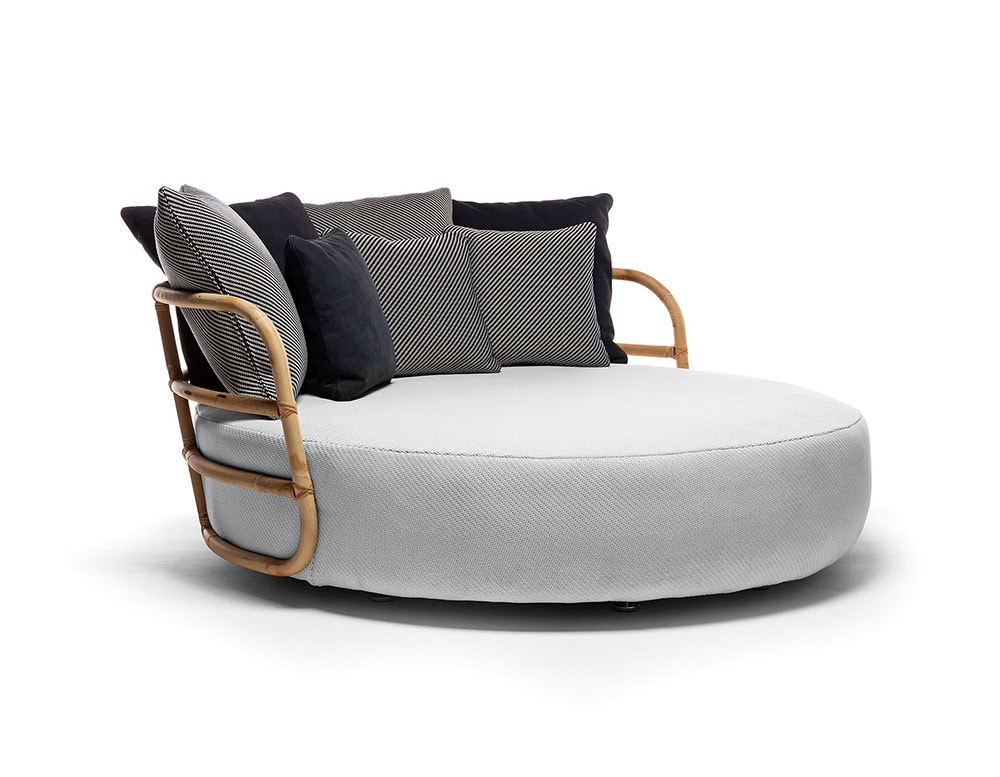 Jungle Daybed upholstered in gray fabric and brown wooden structure on a white background.