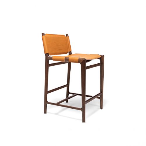 Levante Stool. Structure in brown wood, seat and backrest in orange leather on a white background.