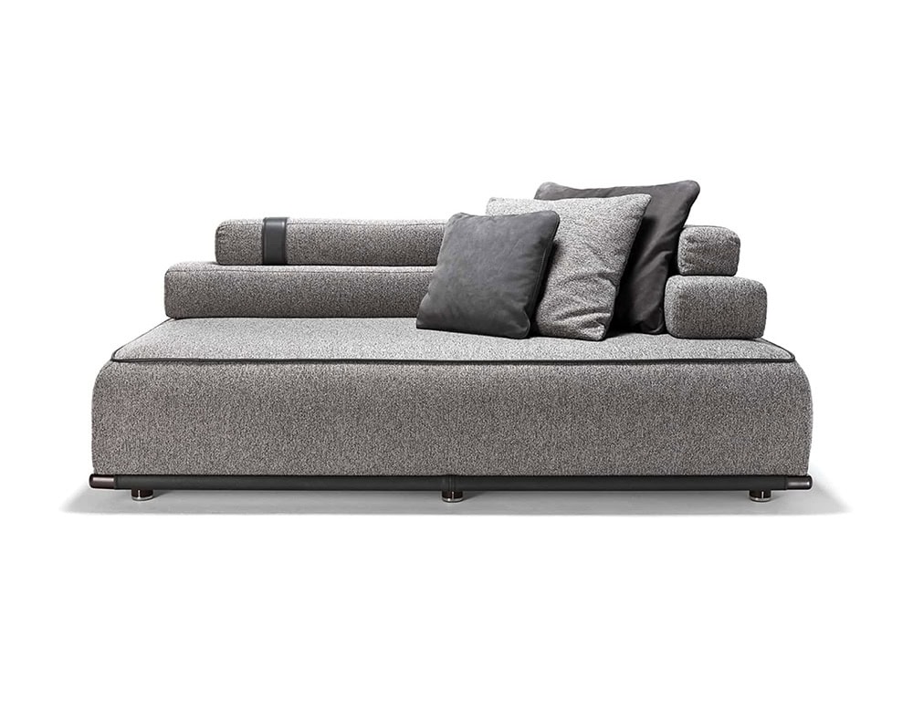 : Panarea Sofa in gray fabric with backrest and cushions on a white background.