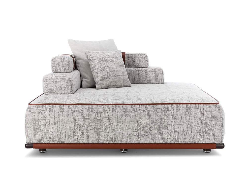 Panarea Sofa in gray fabric with backrest and cushions o a white background.
