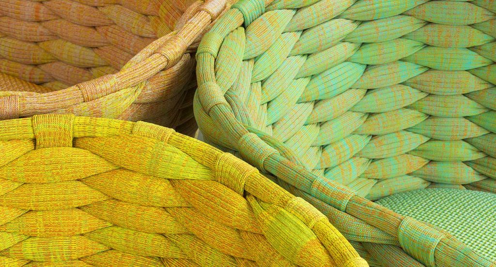 Three Ami Indoor Armchairs structure upholstery of woven fabric, one in greenm one in yellow and one in orange.