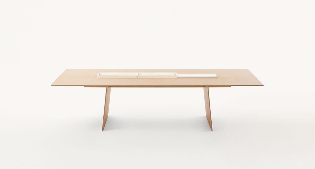 Kanji Dining Table, top in natural fibreboard and two legs in wood and threewhite metal trays on a white background.