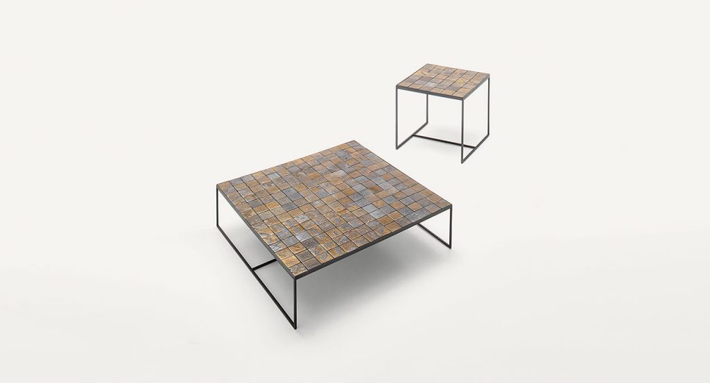 Two Cocci side tables, black steel frame, brown square ceramic top on a white background.