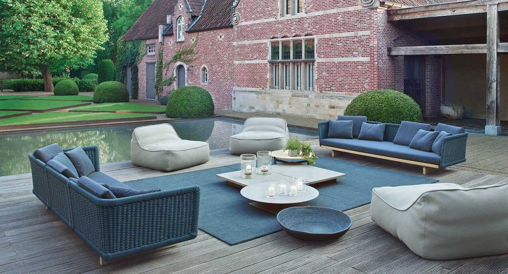 Three Float Chaises, upholstery in white fabric in a terrace.