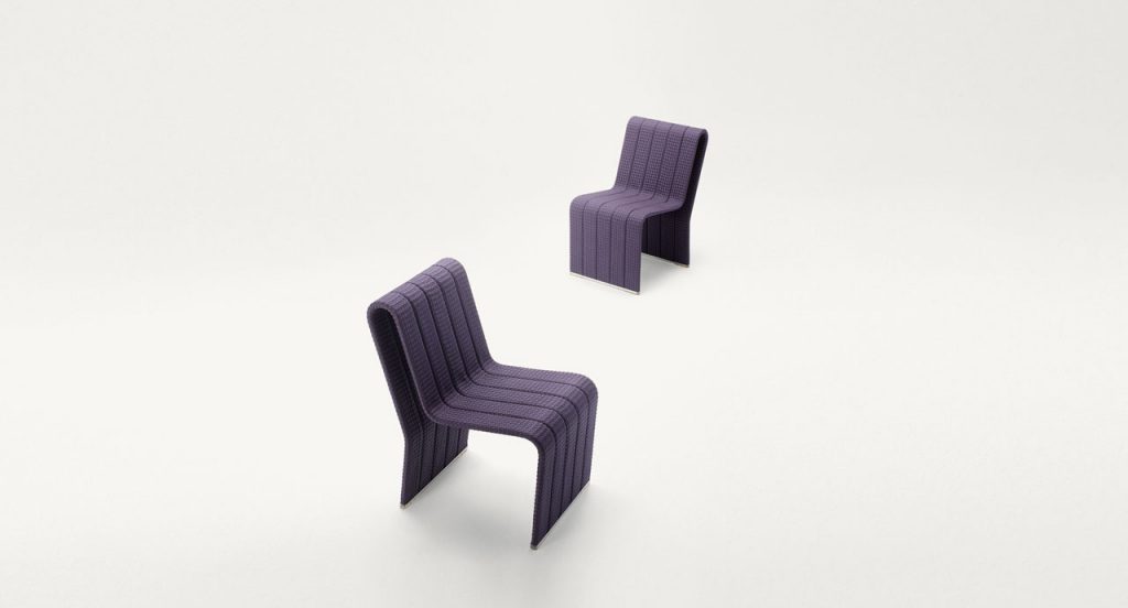 Two Frame Chairs, upholstery in purple rope braids on a white background.