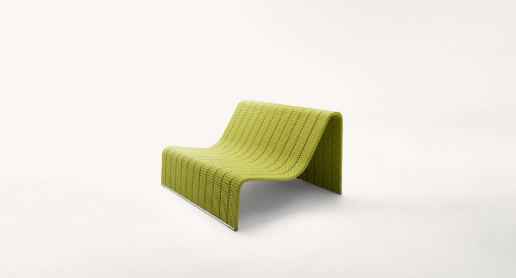 Green Frame Sectional sofa, upholstery in rope braids on a white background.