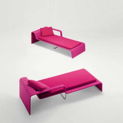 Two Pink Frame Chaises, upholstey of rope braids, seat pad and cushion on a white background.