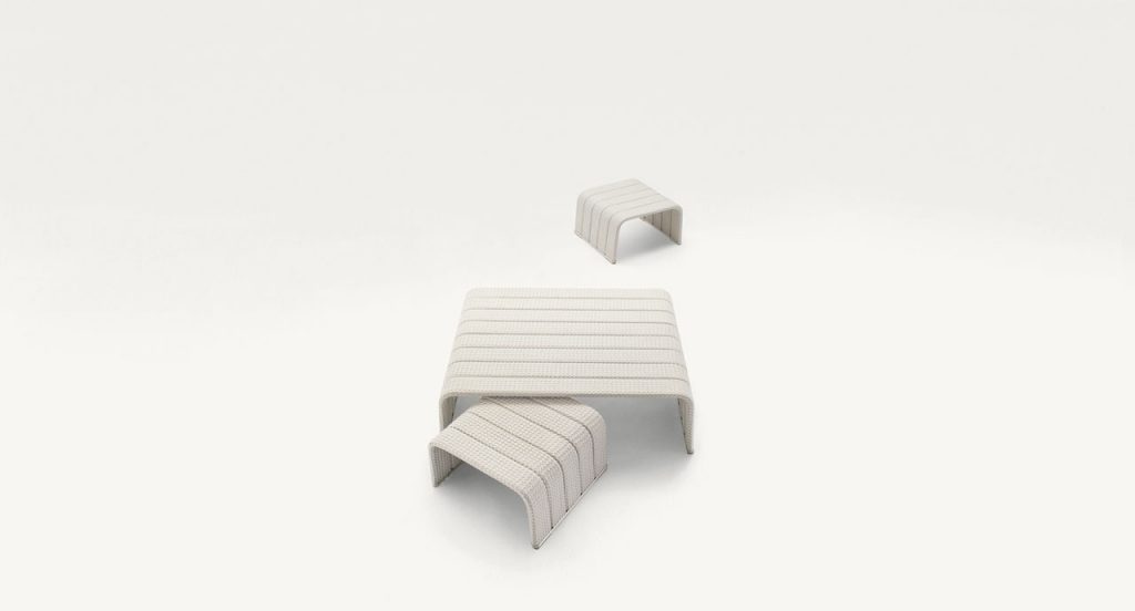 Square Frame Coffee Table, upholstery in white rope braids on a white background.