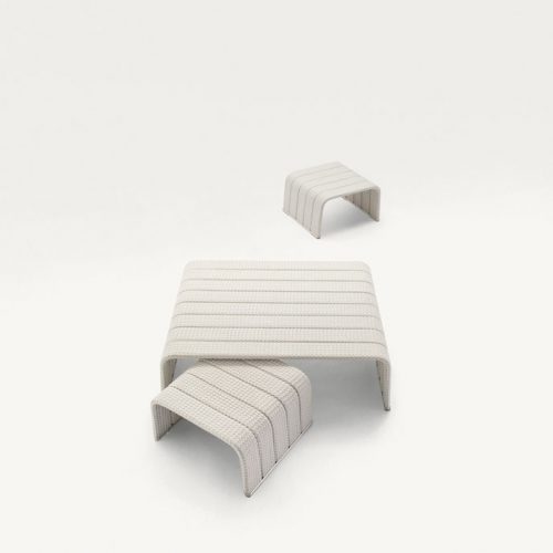 Square Frame Coffee Table, upholstery in white rope braids on a white background.