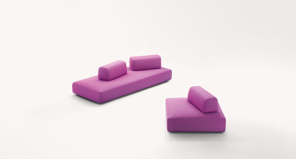 Two Orlando Outdoor Sectionals with backrest, upholstered in pink fabric on a whit background.