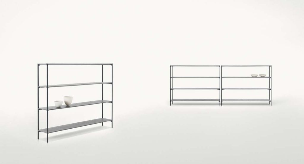 Three Plano Bookshelfs, structure in black steel, shelves in black concrete on a white background.