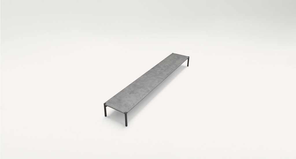Rectangular Plano Outdoor Side Table, structure and four legs in black steel, top in black concrete on a white background.