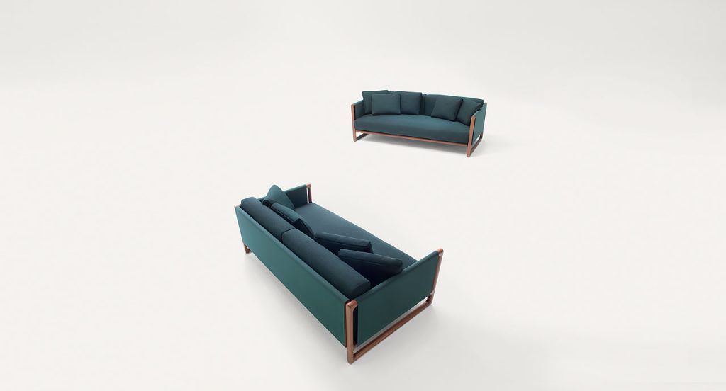 Two Portofino Outdoor Sofas, structure in natural heartwood, cushions in blue polyester on a white background.