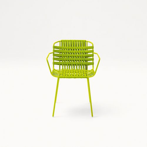 chair made of stainless steel base and elastic strips in shades of green on a white background