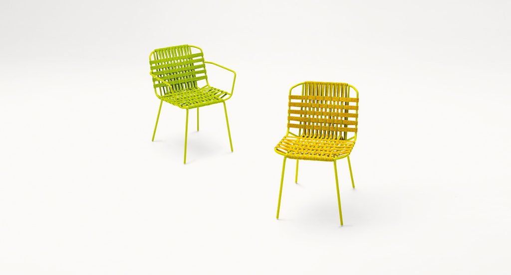 two chairs made of stainless steel and elastic strips in shades of yellow and green on a white background