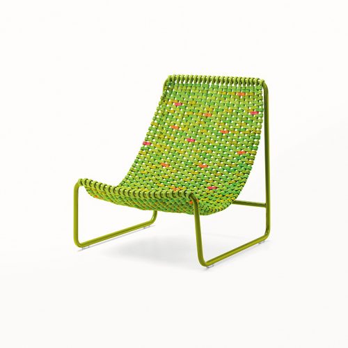 armchair with cover upholstered by hand with rope thread in a tone of orange and a variety of green on a white background