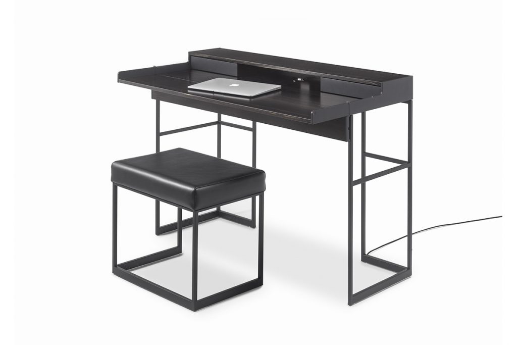desk made of stainless steel base drawers in leather of a black color tone on a white background