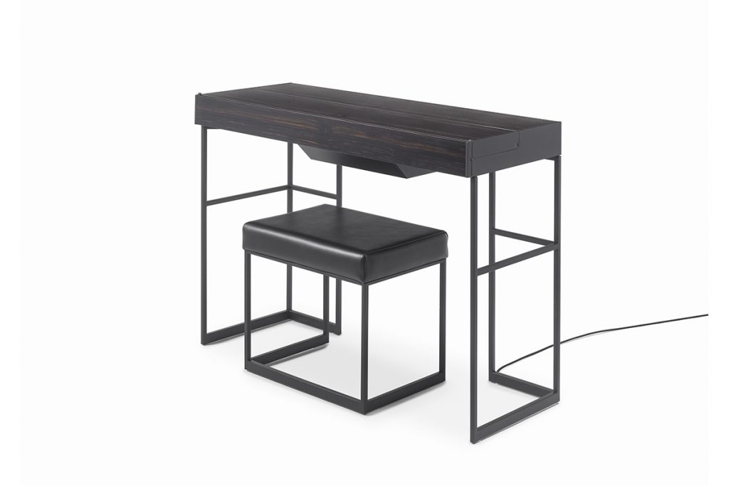 desk made of stainless steel base drawers in leather of a black color tone on a white background