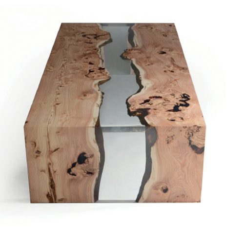 Creek Coffee Table with a rectangular shape, made of solid wood with a natural finish and featuring a transparent resin inlay, set against a white background.
