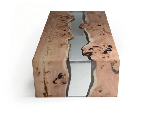 Creek Coffee Table with a rectangular shape, made of solid wood with a natural finish and featuring a transparent resin inlay, set against a white background.