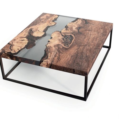 Creek Low Table with a rectangular shape, made of solid wood with a natural finish and featuring a transparent resin inlay, set against a white background.